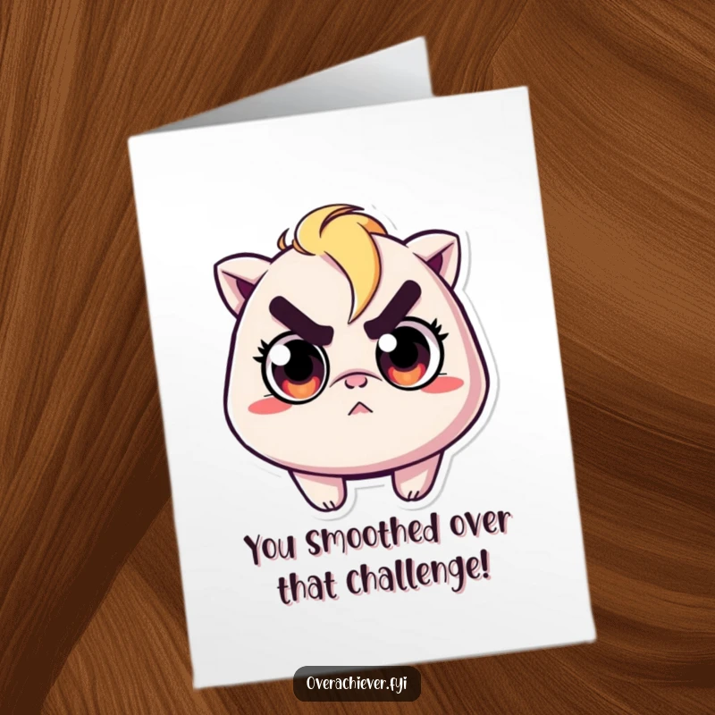 Funny Free Printable Congratulations Card showing a character with intense focus, ironing out a minuscule wrinkle with determination.