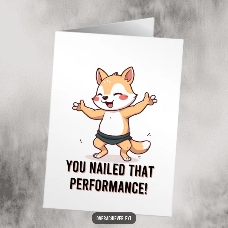 Funny Free Printable Congratulations Card: An animal character perfectly executing a complex dance move, celebrating a triumph.