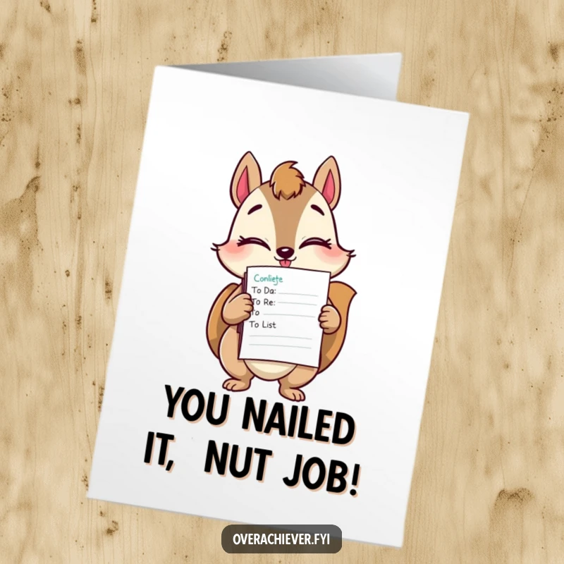 Funny Free Printable Squirrel Congrats Card: A squirrel winks while holding a tall stack of finished to-do lists, celebrating completion.