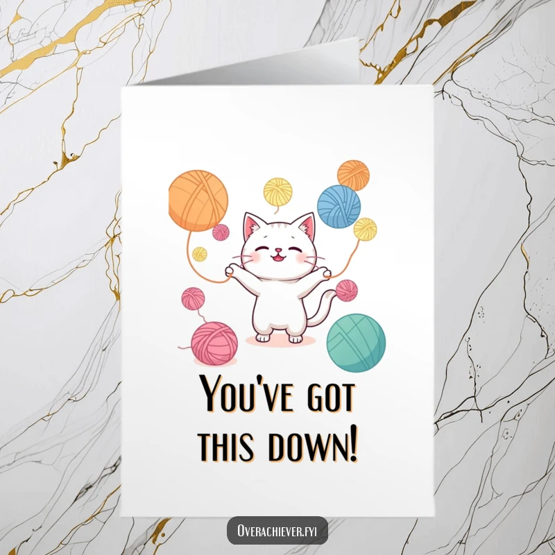 Funny Free Printable Congrats Card: Adorable Kawaii cat precariously juggling an excessive number of yarn balls, a feat of skill.