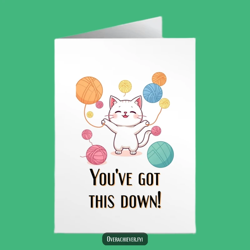 Free Printable Kawaii Cat Congrats Card: Juggling Yarn Triumph for a Downloadable Gift