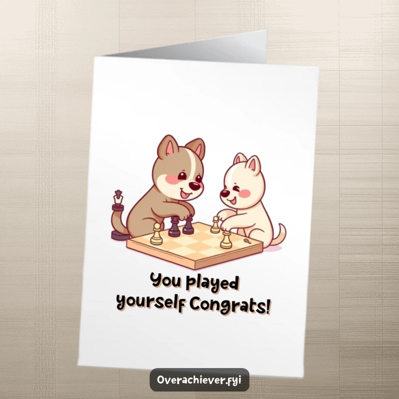 Funny Free Printable Congratulations Card: Smart Kawaii dog celebrating solo chess victory, a downloadable message of success.