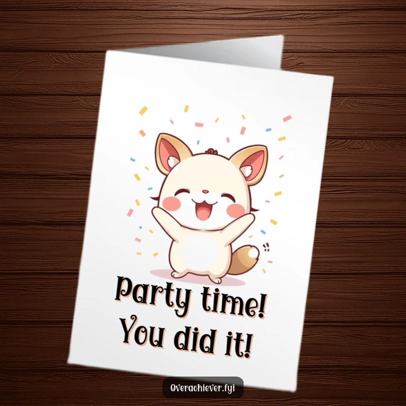 Funny Free Printable Congrats Card: Small animal character cheering loudly as confetti falls.