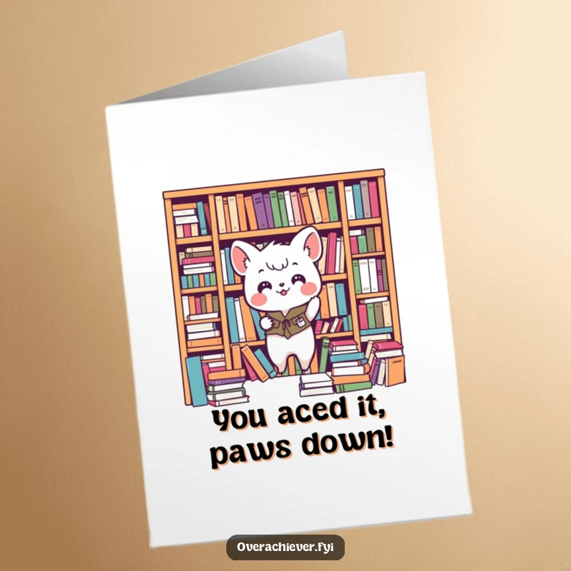 Funny Free Printable Congratulations Card: A small animal character perfectly organizing a chaotic bookshelf to celebrate a successful endeavor.