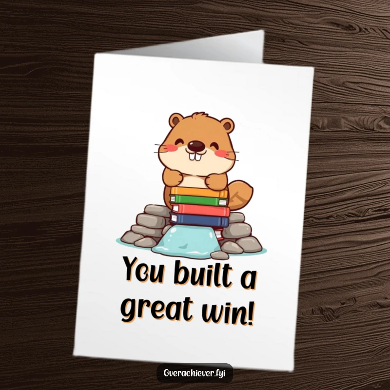 Funny Free Printable Congrats Card: Dedicated beaver constructing a dam using carefully stacked books, a symbol of literary achievement.