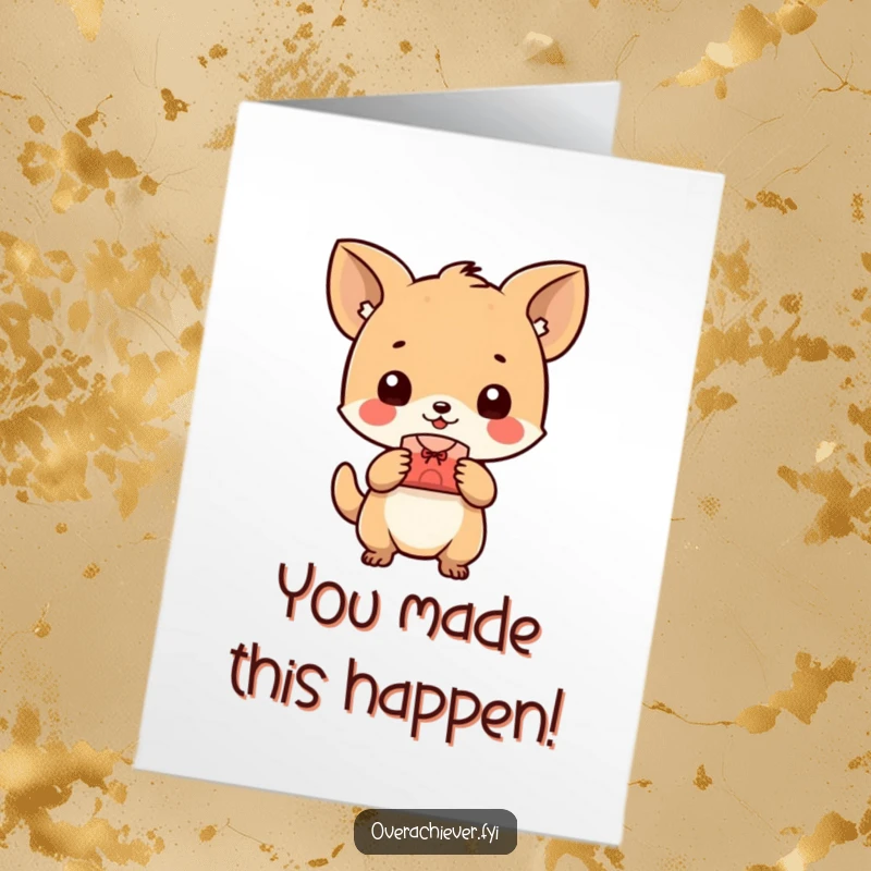 Funny Free Printable Congratulations Card: A tiny animal character happily presenting a perfectly made small object to celebrate an achievement.