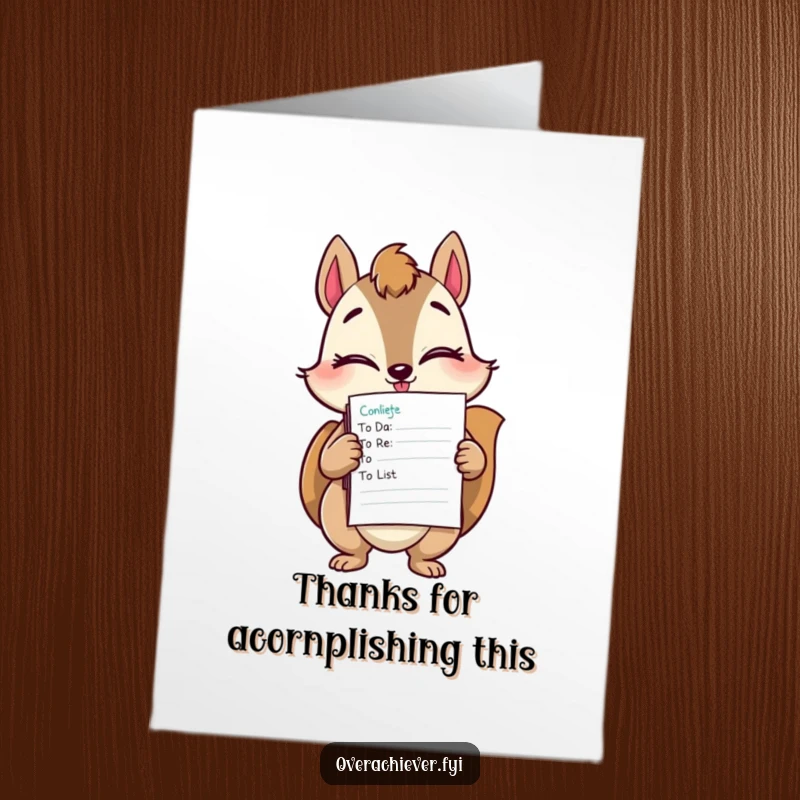 Funny Free Printable Squirrel Thank You Card: A winking squirrel proudly displays completed to-do lists, conveying thanks efficiently.
