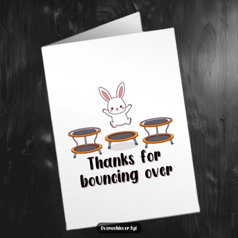 Funny Free Printable Thank You Card: Energetic tiny rabbit hopping with glee on three different trampolines, a thank you.