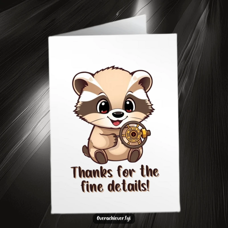 Funny Free Printable Thank You Card: A wide-eyed badger closely observing a tiny, detailed mechanical contraption, showing appreciation.