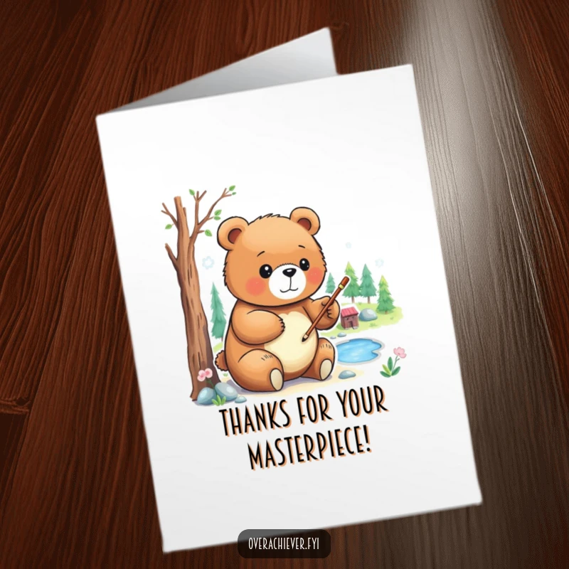 Funny Free Printable Thank You Card: A focused bear concentrating on painting a small, exquisite landscape with artistic precision.