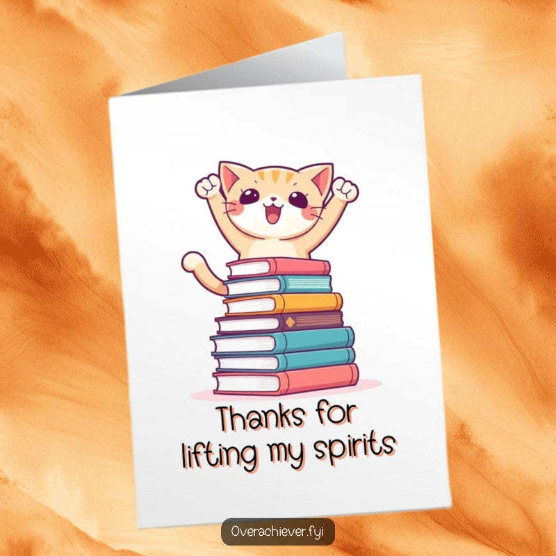 Funny Free Printable Thank You Card: A triumphant cat character posing victoriously on a mountain of books, expressing gratitude.