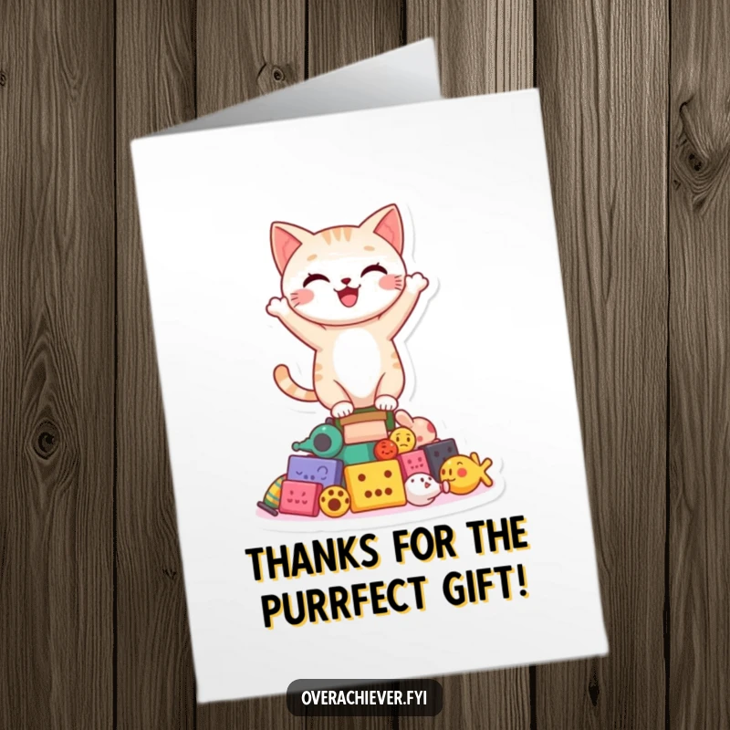 Funny Free Printable Thank You Card: A happy cat character balancing proudly on a wobbly tower of toys.