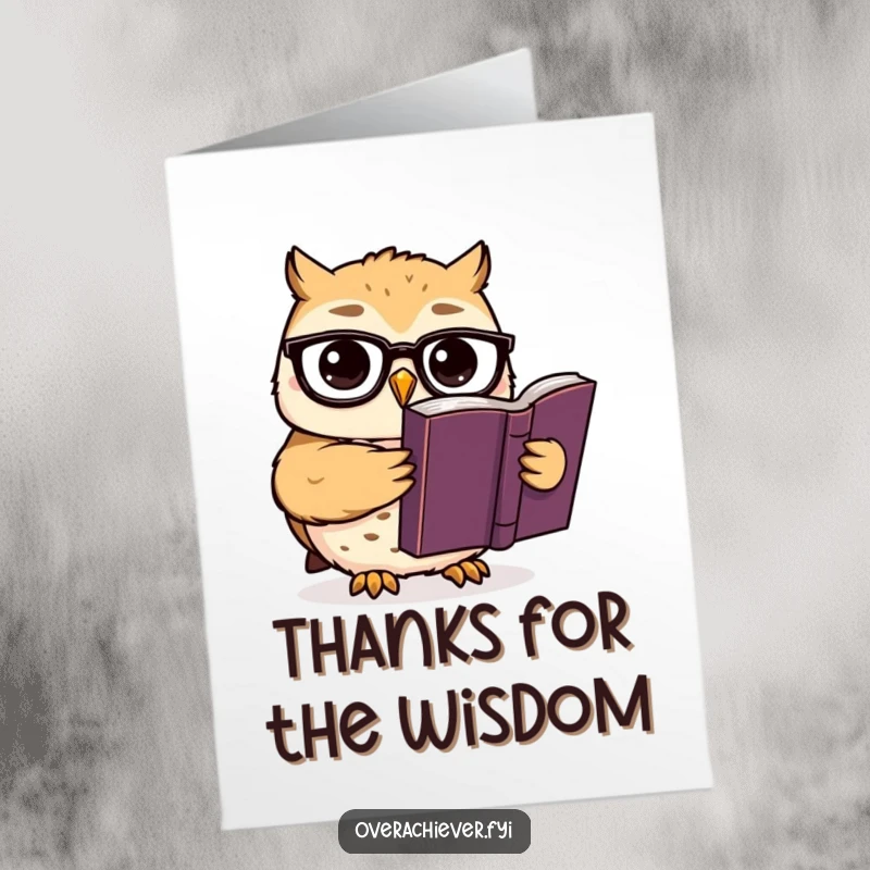 Funny Free Printable Thank You Card: A cute owl wearing spectacles reads a thick, important-looking book, showing appreciation.