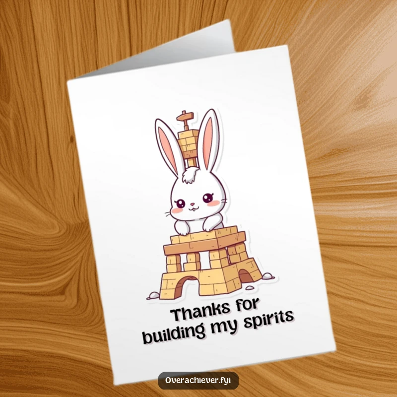 Funny Free Printable Thank You Card with a determined rabbit building, showing appreciation with a humorous touch.