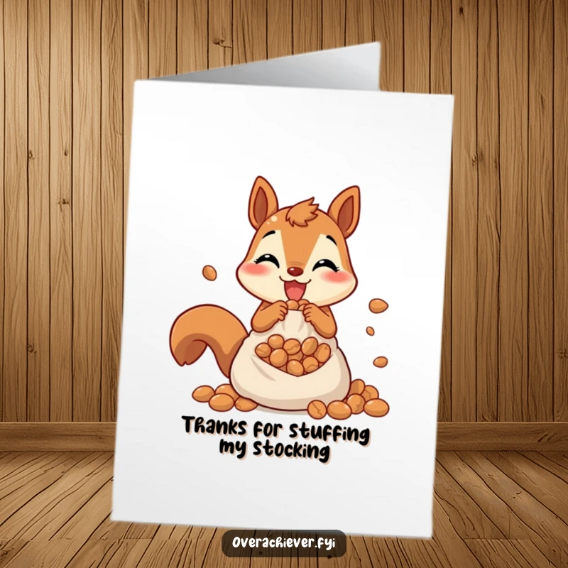 Funny Free Printable Thank You Card of a content squirrel with a bulging pouch, expressing humble gratitude.