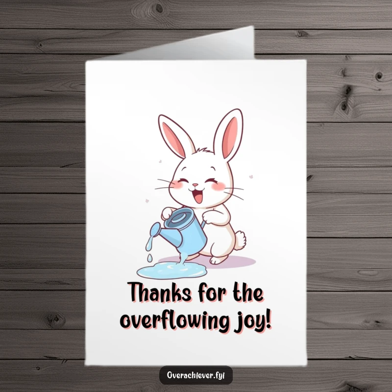 Funny Free Printable Thank You Card: Energetic rabbit character enthusiastically watering a tiny watering can, expressing abundant gratitude.