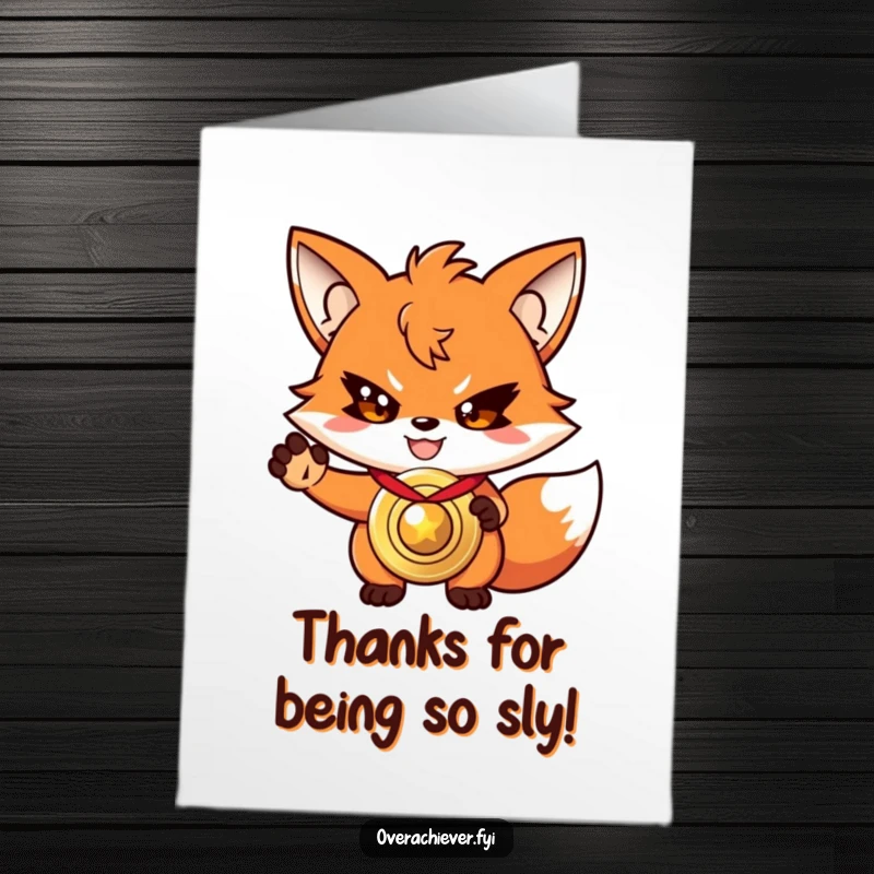 Funny Free Printable Thank You Card: Driven fox character with a determined grin, presenting a shiny oversized medal as thanks.