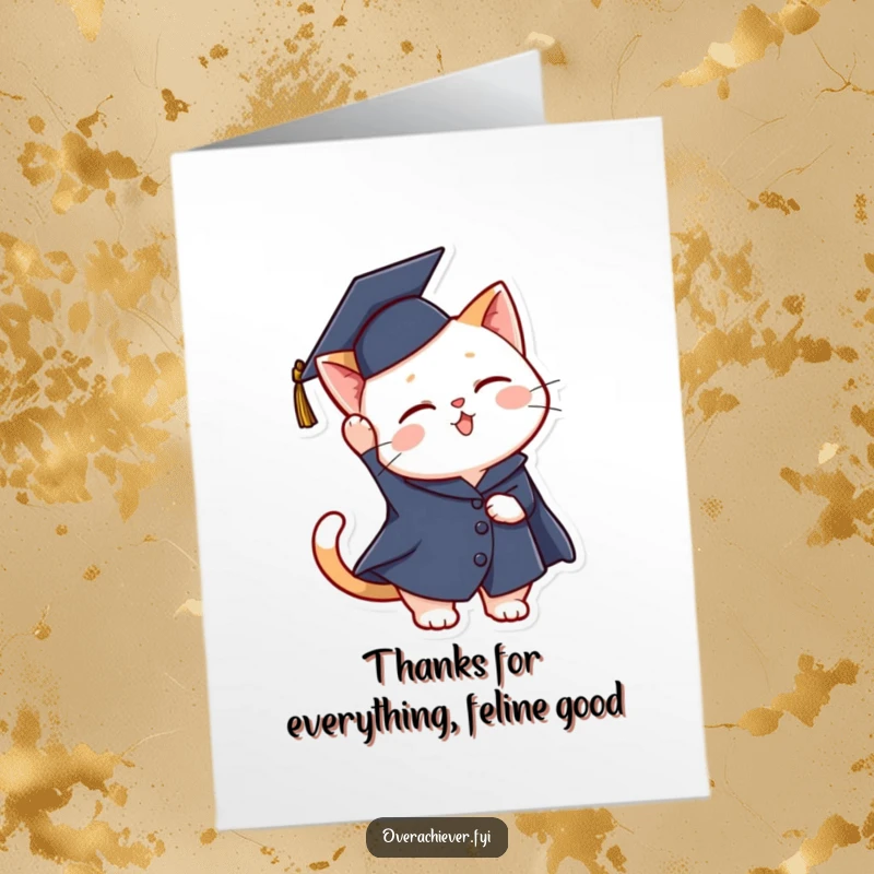 Funny Free Printable Cat Graduation Card: A cool cat in graduation attire tossing cap, signifying sincere gratitude.