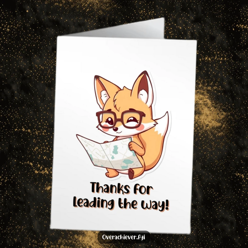 Funny Free Printable Thank You Card: Fox with spectacles pores over a map, expressing gratitude thoughtfully.