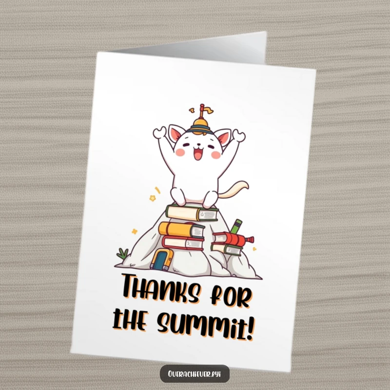 Funny Free Printable Thank You Card: Happy animal character celebrating on a mountain of tasks.