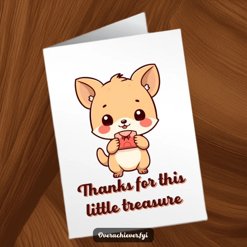Funny Free Printable Thank You Card: A tiny animal character happily presenting a perfectly made small object as a thank you gift.