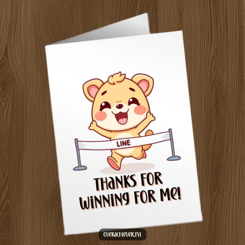 Funny Free Printable Thank You Card: An animal character bursts across a finish line with a determined grin, symbolizing a job well done.