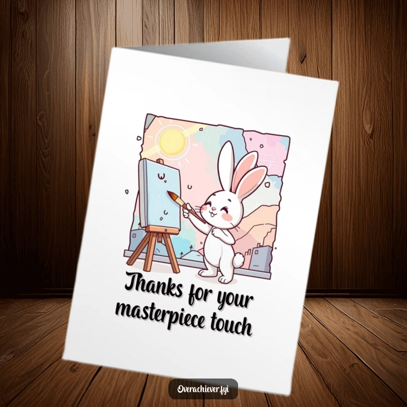 Funny Free Printable Bunny Artist Thank You Card: A bunny with a tiny brush paints a big mural, conveying thanks.