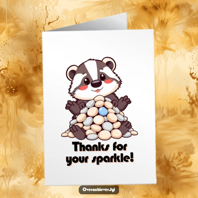 Funny Free Printable Thank You Card: A proud badger poses beside a meticulously sorted pile of sparkling pebbles.