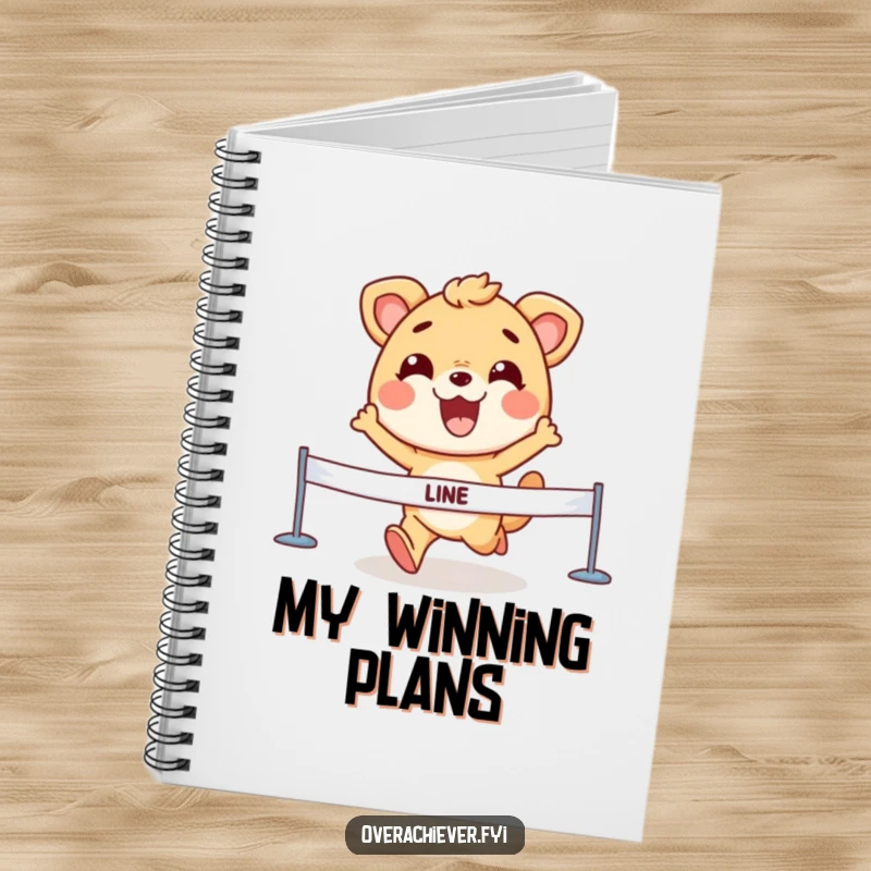 Funny Notebook with an animal character crossing a finish line, featuring a determined grin for jotting down goals.