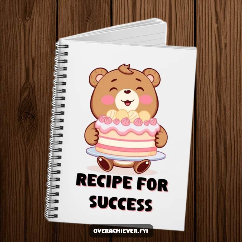 Funny bear baker notebook featuring a beaming bear presenting a large, perfect cake, inspiring users to record their own recipes.