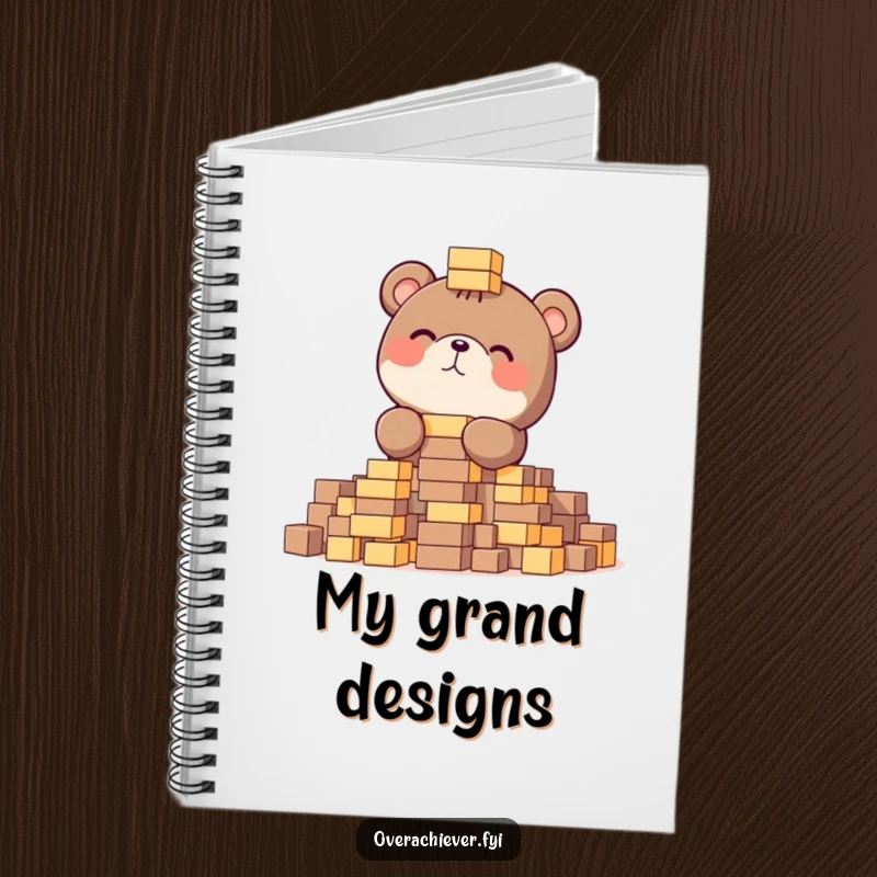 Funny notebook featuring a focused bear gleefully stacking tiny blocks, a charming and humorous stationery item.