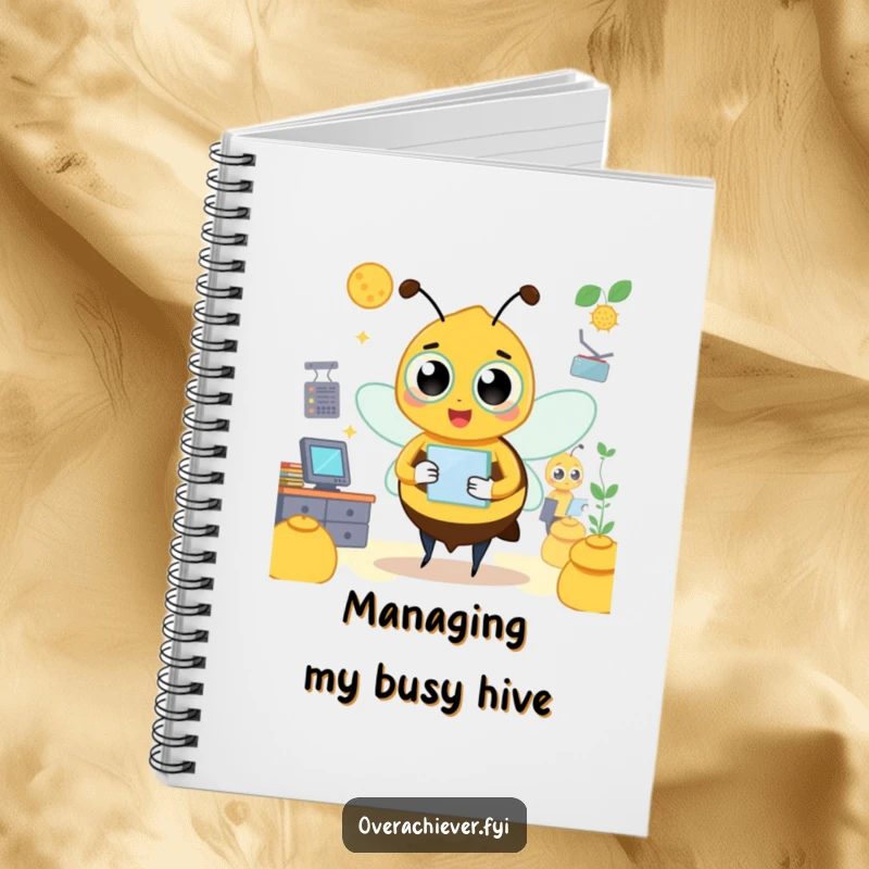 Funny bee notebook with a busy character managing a hive, ideal for notes and task planning.