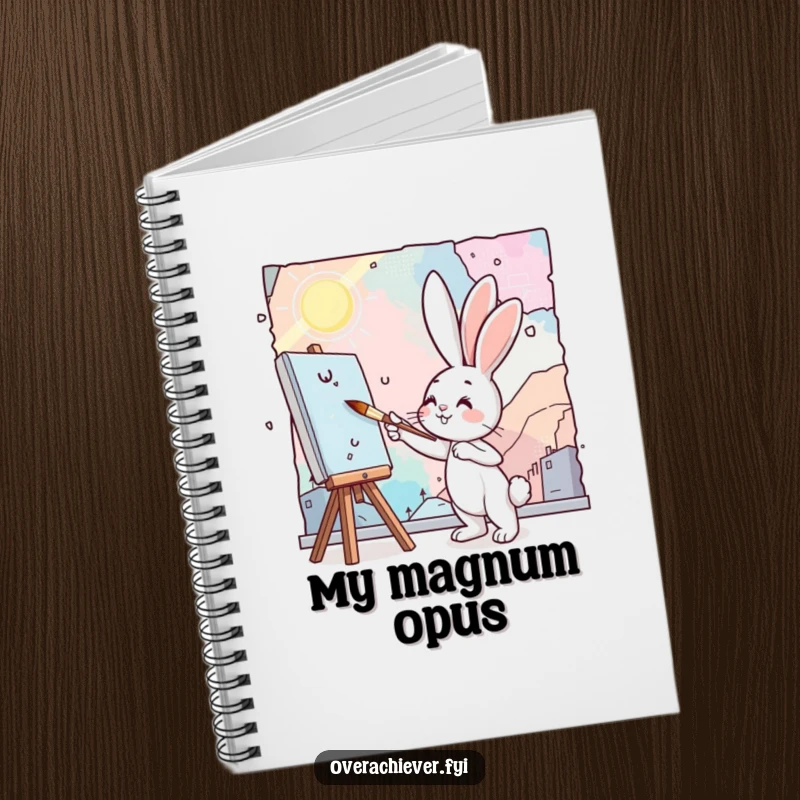 Funny bunny artist notebook featuring a cute bunny using a tiny brush to paint a large, colorful mural, inspiring creativity.