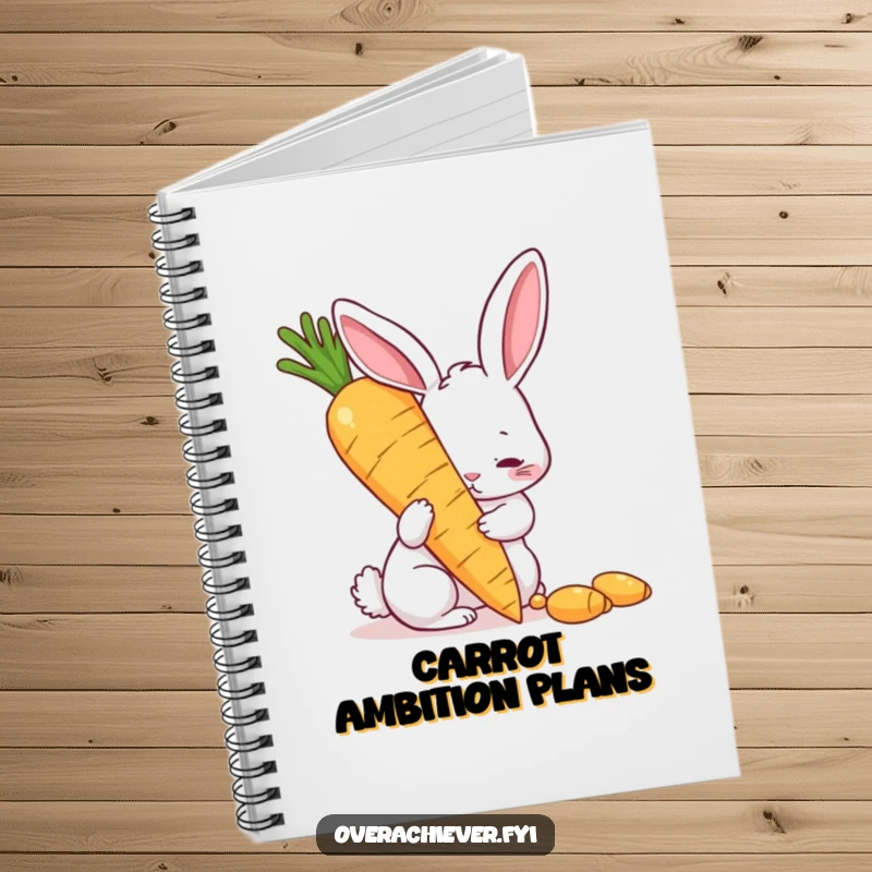 Funny notebook with a determined rabbit polishing a giant golden carrot, ideal for jotting notes with humorous motivation, a good funny gift.