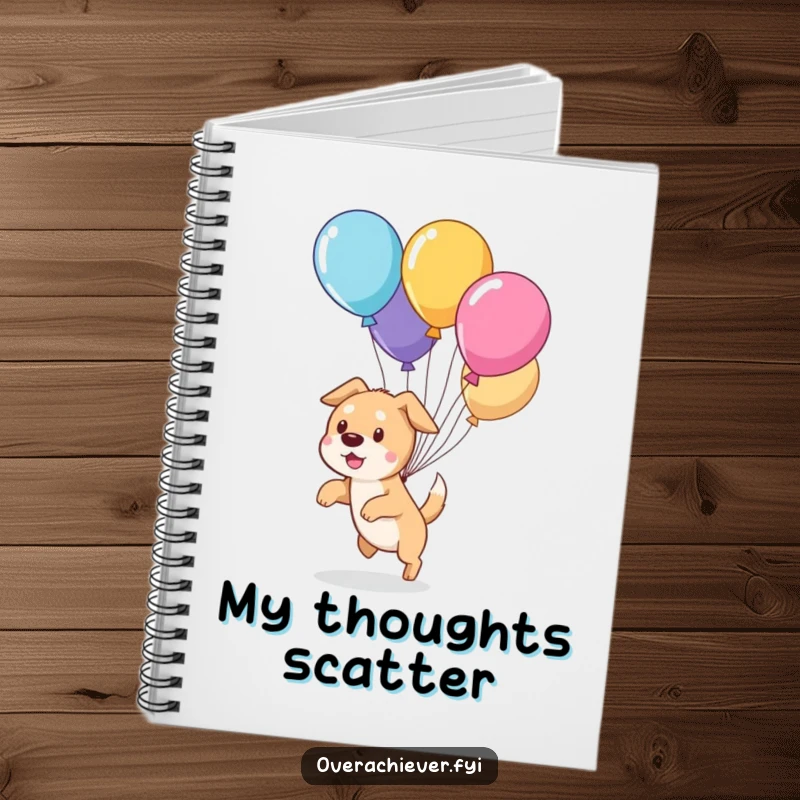 Funny cute dog character humorously herding escaped balloons on a notebook cover, inspiring playful writing.