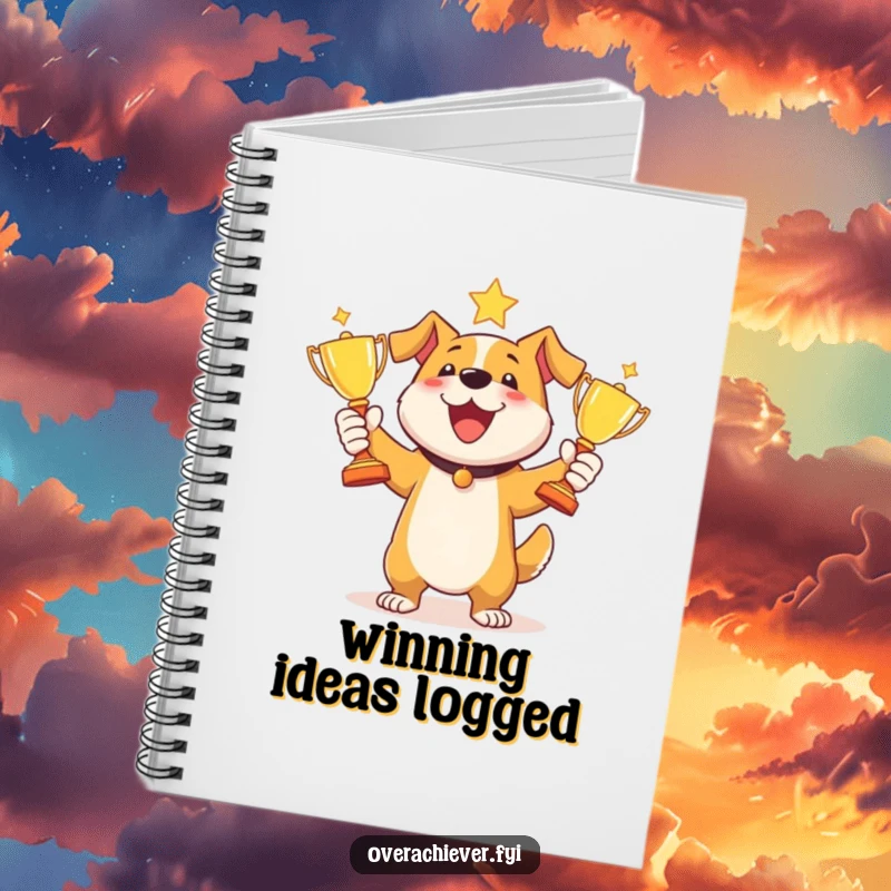 Funny dog juggling trophies notebook featuring a happy dog tossing three shiny awards, inspiring users to record their own wins.