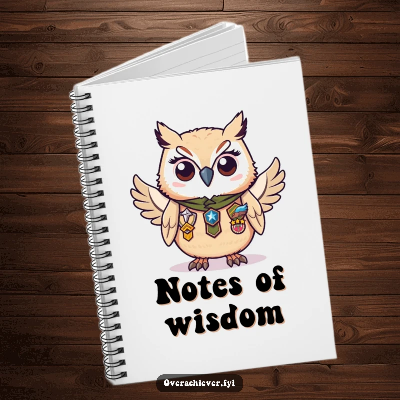 Funny notebook with a diligent owl character proudly wearing numerous badges of honor, ideal for wise note-taking.