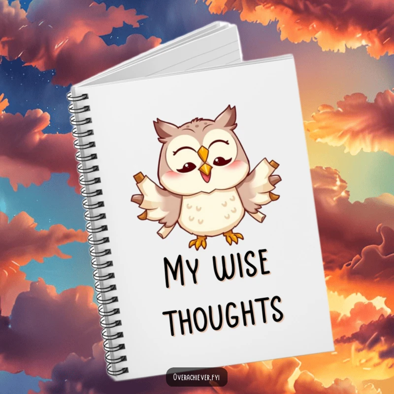 Funny cheerful owl character trying to multitask with too many scrolls unfurled, a charming and humorous notebook.