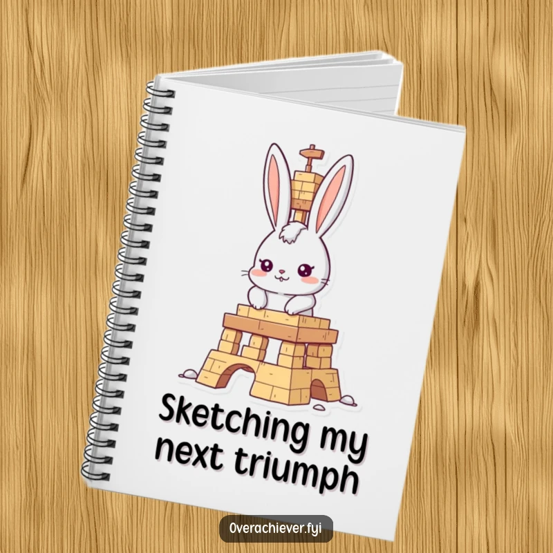 Funny rabbit builder notebook, determined rabbit character building a tall structure, ideal for jotting down ideas and plans.