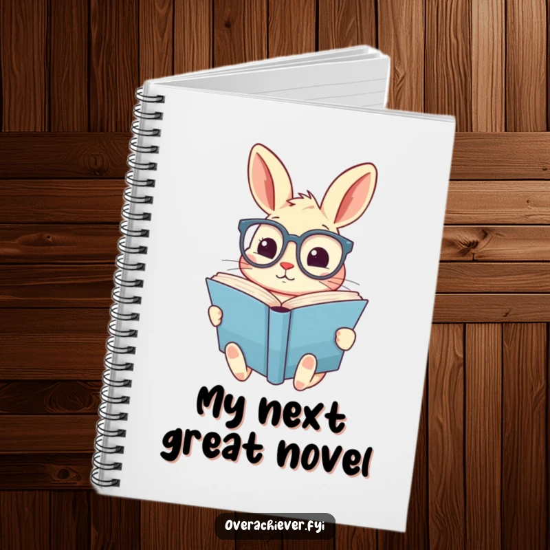 Funny notebook featuring a cute rabbit in oversized spectacles, diligently reading a giant book, ideal for note-taking and journaling.