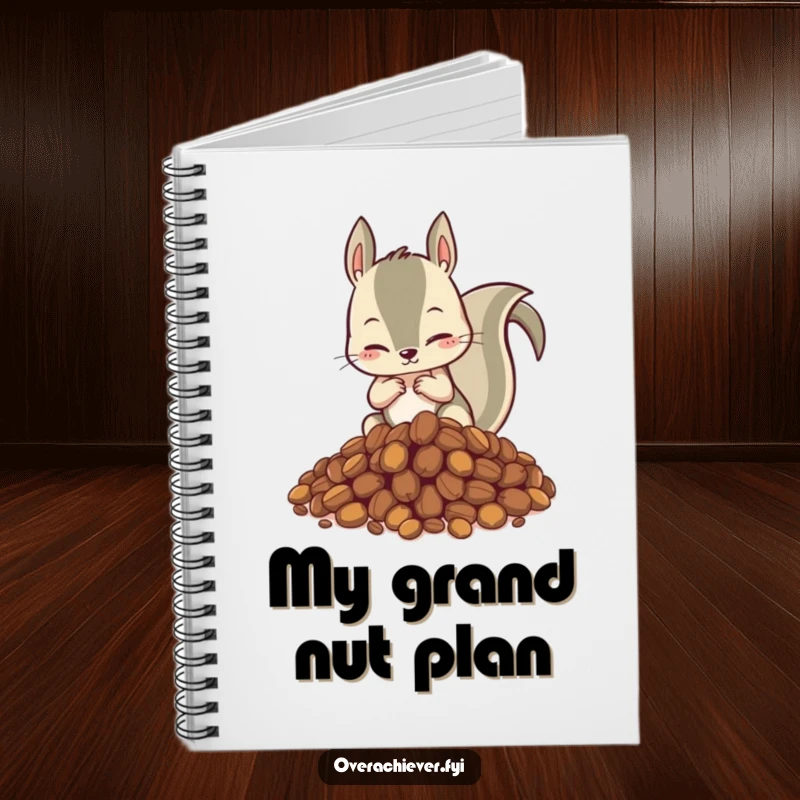 Funny notebook cover showing a hyperactive squirrel meticulously organizing a huge pile of nuts, perfect for capturing organized thoughts.