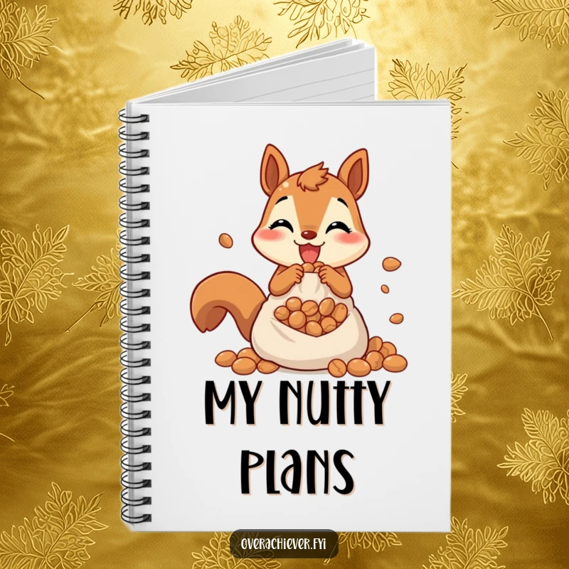 Funny notebook featuring a cheerful squirrel frantically stuffing nuts into an overflowing pouch, ideal for jotting notes with energy.