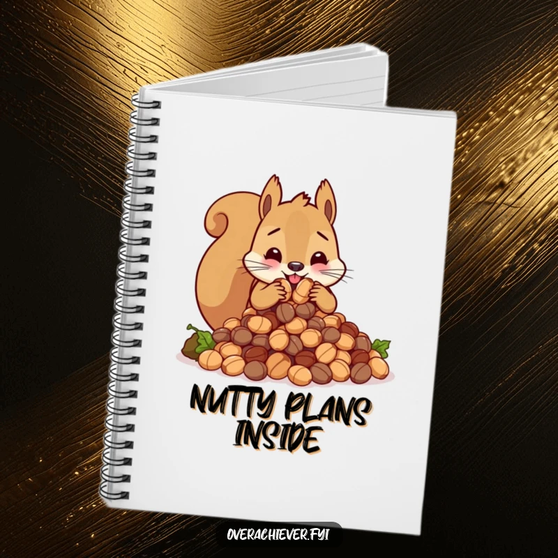 Funny cute squirrel character frantically stuffing an impossibly large amount of nuts, a charming and humorous notebook.