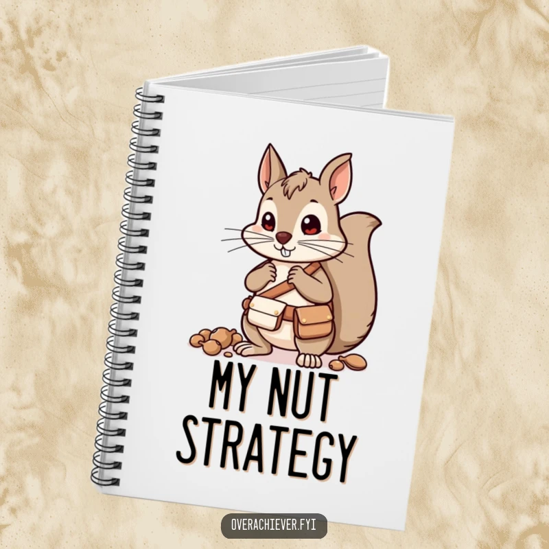 Funny squirrel character with pouches sorting nuts, a notebook for planning and organizing.