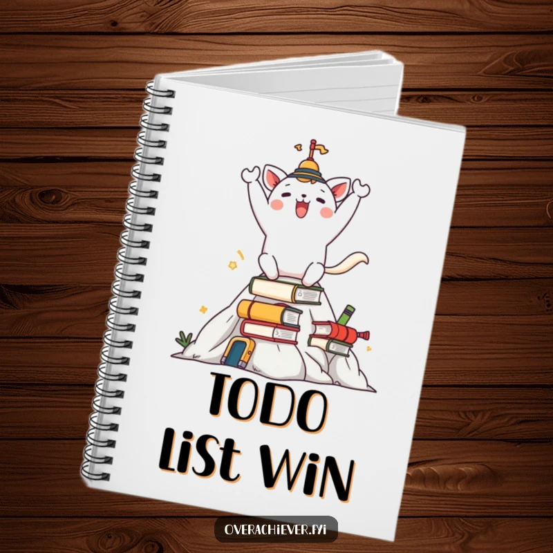 Funny notebook with a celebrating animal character on a mountain of tasks, ideal for jotting down successful plans.