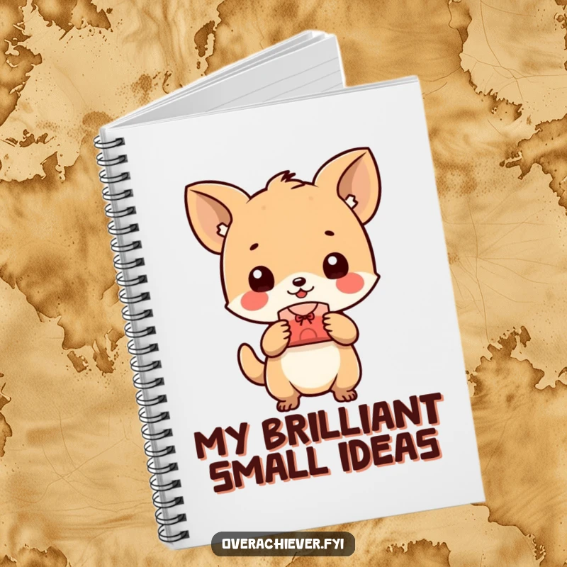 Funny animal notebook, happily presenting a perfectly made small object, ideal for jotting down creative ideas. A humorous stationery gift.