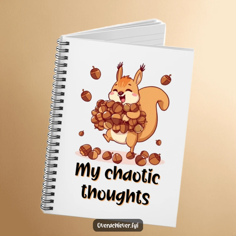 Funny motivated squirrel notebook, juggling an impossibly large pile of acorns, for planning and notes.