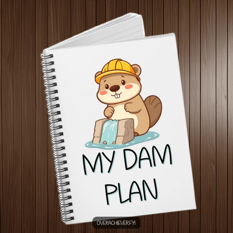 Funny beaver character in a hard hat building a dam, a notebook for planning and creative ideas.