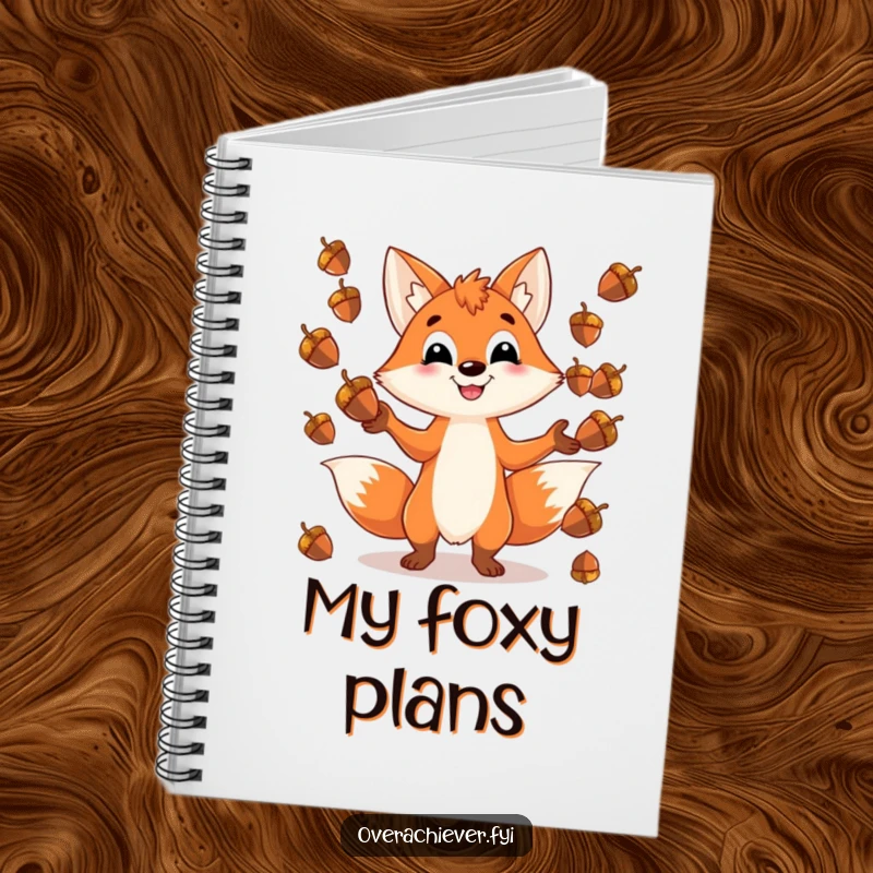 Funny notebook featuring a playful fox character grinning while juggling an impossible number of shiny acorns, ideal for creative notes.