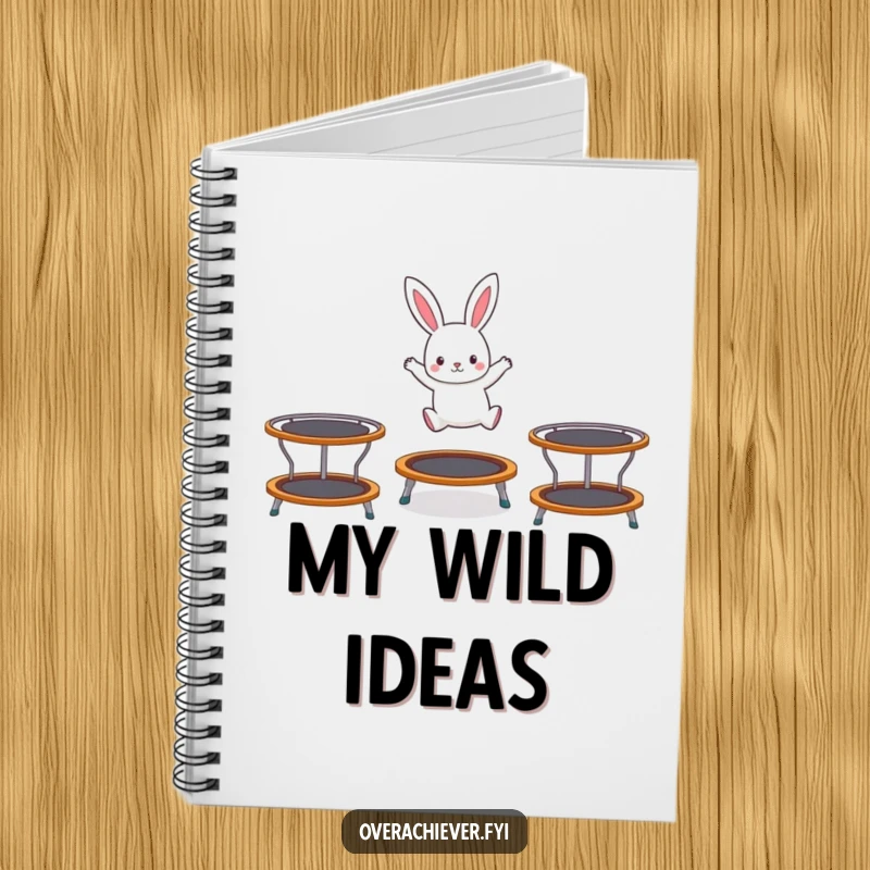 Funny notebook cover with a tiny rabbit character hopping energetically on three trampolines, perfect for capturing bouncy ideas.